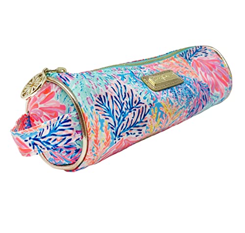 Image of Lilly Pulitzer Cute Zipper Pouch, Splashdance | Colorful Pencil Case with Zip Closure for Office Supplies, Small Slim Travel Bag with Carrying Loop Handle and Gold Details