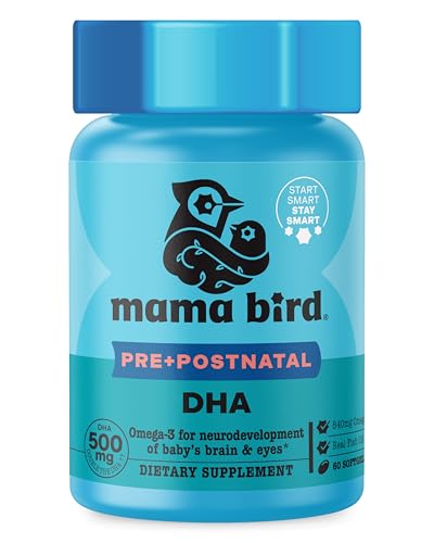 Best Nest Wellness Mama Bird - Pre+Postnatal DHA (30 Servings) Omega 3 Fish Oil 500mg DHA - Lemon-Infused Softgels - Mom & Baby Brain Health - Post+Prenatal Vitamins for Women - Gluten Free, Non GMO