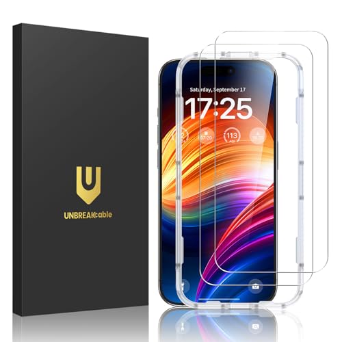 UNBREAKcable 2-Pack Screen Protector for iPhone 15/16, Military-Grade Shatterproof Tempered Glass [9H+ Hardness] [Easy Installation Frame] [99.99% HD Clear] for Apple iPhone 16/15