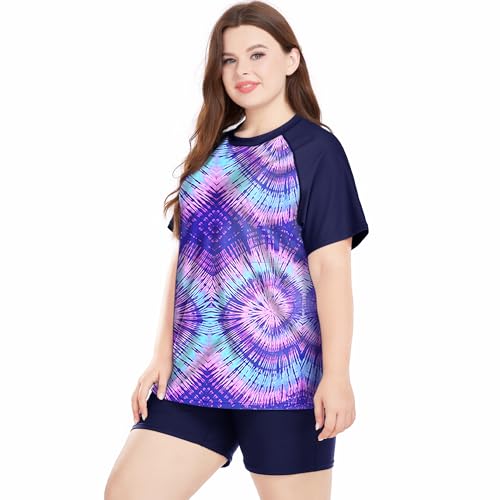 Davena Women's Plus Size 2 Piece Rash Guard Short Sleeve Swimsuit with Boyshorts Swim Shirt UPF 50+2