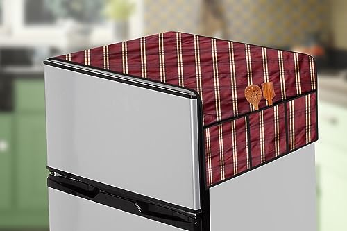 Image of The Furnishing Tree Fridge Top Cover Compatible for Samsung RR23C2F24S8 /HL, 215 LTR WxL 71x109 in CM Plaid Pattern Red