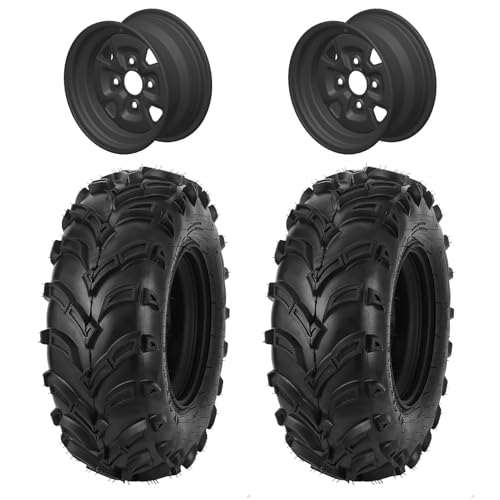GarveeTech 2 Pack 25x8-12 ATV Tires 6PR with 12 in Steel Wheel Rim 4 Lug, All-Season 12x6 in Rim All-Terrain Tire for ATV UTV Golf Cart Go-Kart Trail Off-Road Mud Sand Terrain, Matte Black