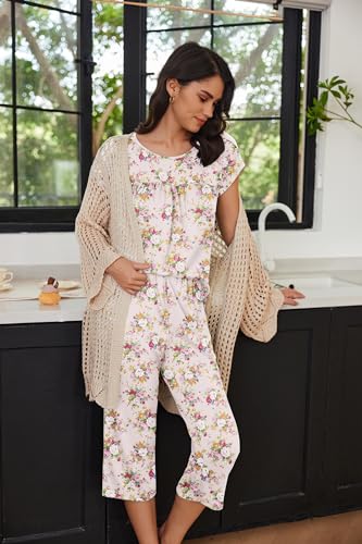 Image of Ekouaer Women's Capri Pajama Set Short Sleeve Mumu Pjs Pleated Top Capri Pants with Pockets Sleepwear Lounge Set