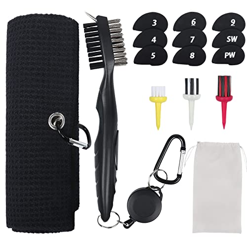 LOMEVE Golf Club Cleaning Kit Includes a Golf Club Brush with Cover, Towel, Golf Irons Club Head Covers, Tees Brush, and Pouch Bag, Portable Golf Club Cleaner for Men