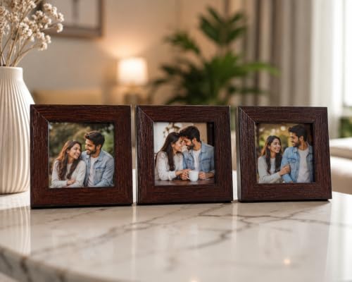 Image of Square Photo Frames, size 3 * 3 inches(7.6 x 7.6 cm,) Set of 3, Brown, Dual-Purpose Wall Mount and Table Display