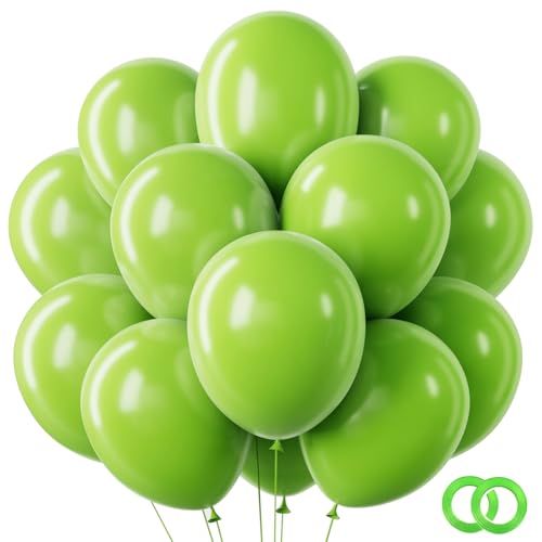 Image of RUBFAC Lime Green Balloons 65pcs, 12 Inch Light Fruit Neon Green Party Balloon with Ribbons for Birthday, Dinosaur Jungle Party Decorations