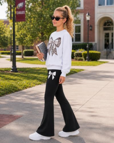 Image of Toddler Girl Clothes Long Sleeve Cartoon & Letter Graphic Top + Fruit Stationery Print Flared Leg Pants