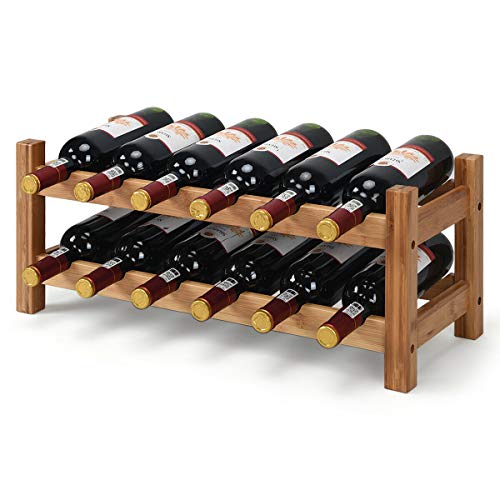 COSTWAY Wine Rack, Bamboo 12 Bottles 2-Tier Wine Display Rack