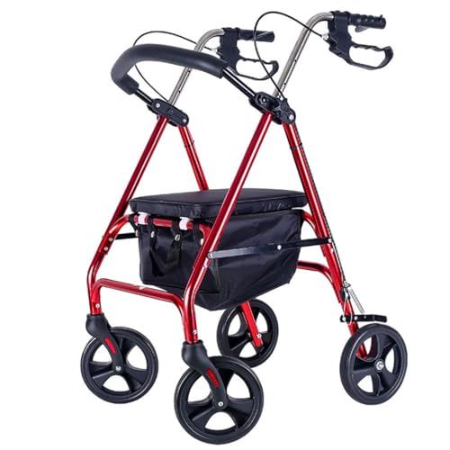 Rollator in Alluminio Pieghevole,deambulatore per anziani,deambulatore da esterno,Girello con seduta e 4 ruote,Altezza regolabile,Per esterno e interno red