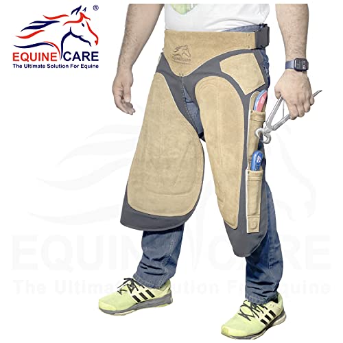 Image of Equine Care Farrier Apron Chaps - Cowhide Suede Leather & Canvas, Adjustable Waist 28 inch-52 inch with Back Support, Tool Pockets & Nail Magnets - 23 inch, 25 inch, 27 inch, 29 inch for Horse Shoeing (27 inches (70 cm))