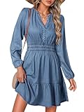Simplee Womens Fall Denim Dress - Casual Long Sleeve V Neck Empire Waist Ruffle A...