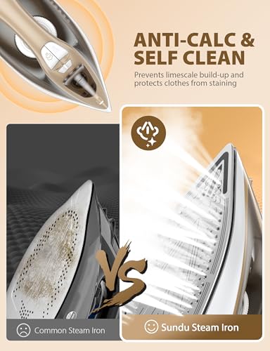 Image of Sundu Steam Iron for Clothes with Rapid Heating Ceramic Coated Soleplate, 1500W, Auto-Off Safety, Burst of Steam, Self-Clean, Anti-Calc, Anti-Drip 300ml Water Tank for Clothes Ironing Buff