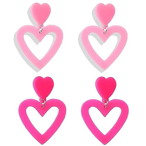 Baublebar Hot Pink Heart Earrings - Acrylic Candy-colored, Lightweight Double Heart Drop Earrings