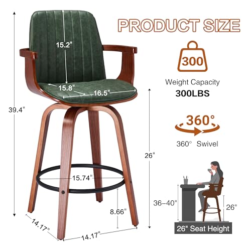 VipDesk Set de 2 Butacos con respaldo alto y brazos giratorios de 26 pulg, sillas de bar modernas con cuero PU para isla de cocina-Verde miniatura 2