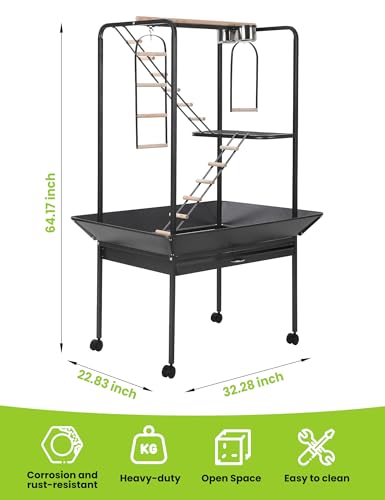 Garvee 64\'\' H Inch Birdcage Stand Play Center with Perches and Ladders, Indoor Outdoor Playground for Birds, Bird Playstand w/Rotated Ring Removable Tray, Lockable Caster, for Macaw and Parakeet - Thumbnail 6