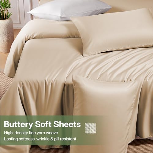MR&HM Twin Sheets Set, 3-Piece Cooling Sheets, Rayon Derived from Bamboo & Polyester Blend, Soft & Silky, 15" Deep Pockets with Elastic Straps, Hotel Luxury for Hot Sleepers, Beige
