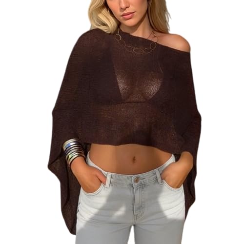 Women Sheer Poncho Top Lightweight Knit Crochet Shrug Bolero Mesh Batwing Sleeve Sweater Cover Up Beachwear