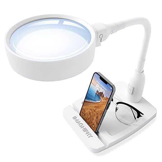 iMagniphy 8X Lighted Desktop Magnifier - Extra Large 5.5 Inch Lens & Sturdy Stand - Hands Free Adjustable Design with 6 Bright LEDs - Illuminated Tabletop Magnifying Glass Lamp with Light for Reading