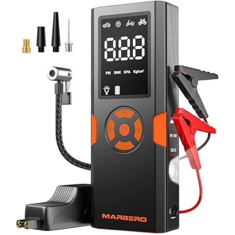 Portable Car Jump Starter with Air Compressor 4500A 12V MARBERO Portable Car Battery Booster Pack 10L Gas/8L Diesel 150PSI Auto Off Tire Inflator Jump Box with Digital Screen, Flashlight, Power Bank Cover