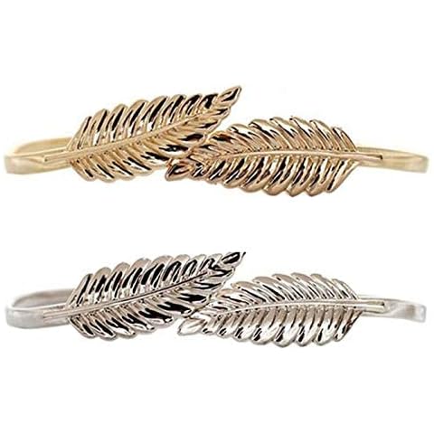 Enzege 2 Pcs Leaves Waist Belt, Women’s Waist Belts,Gold and Sliver Elastic Ladies Belts for Dresses, Shirts, Wedding, Party Cover