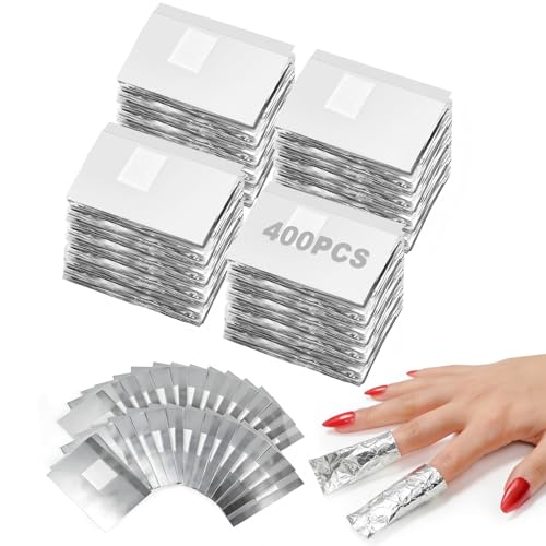 HIWRBDTI 400 PCS Nail Foil - 2.56 x 3.54 Inches Gel Nail Polish Remover Foil Wraps for Nails, Soak Off Foils with Pre-attached Lint-Free Cotton Pads for Home and Salon