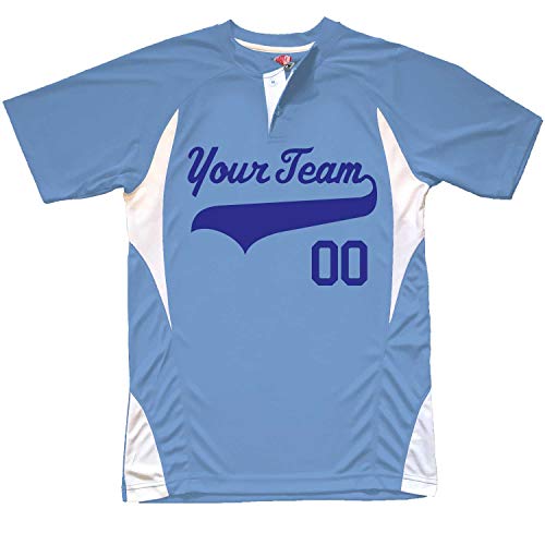 Henley 2-Button Custom Baseball Jersey Adult Medium in Columbia Blue & Navy