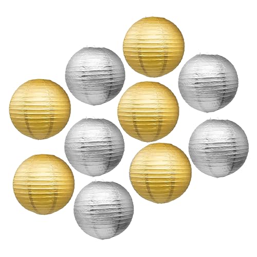 Image of Mudra Crafts Silver Gold Paper Lanterns Wedding Party Decorations - 12 in 10 Round Hanging Ceiling Lanterns, 10 Pack, Decorative Lamp Shades