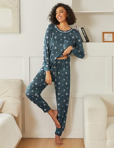 Image of Ekouaer 2 Pack Womens Pajama Sets Long Sleeve Lounge Sets Soft Pj Sleepwear Loungewear