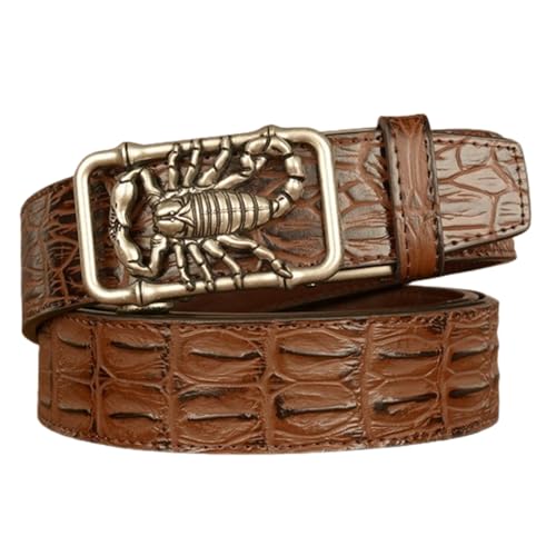 Men's Crocodile Pattern Leather Ratchet Belt With Silver Hollow Scorpion Automatic Buckle, Dress & Casual
