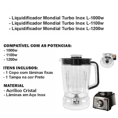 Copo serve para Liquidificador Mondial Turbo L1000/ L1100/ L1200 Cristal (TAMPA PRETA)