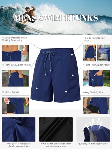INCERUN Swimming Trunks for Men Board Shorts Swimwear Waterproof Beach Shorts Quick Dry Bathing Suit Swimsuit 2 in 1 Swim Trunks with Compression Liner and Zipper Pocket Dark Blue XX-Large — view 4