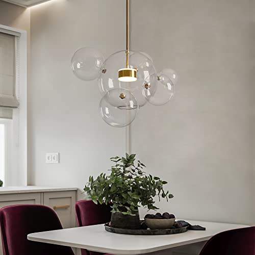 EDISLIVE 21.65“ Modern LED Globe Glass Pendant Chandeliers,Dimmable LED 6 Bubble Clear Glass Globe 3000K-6000K Adjustable Hanging Pendant Light for Kitchen Island Dining Room