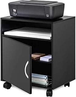 FITUEYES Printer Stand Wood Black Desk Side Mobile 1 Open 2 Closed Storage with Wheels 48x34x56.8cm PS404801WB