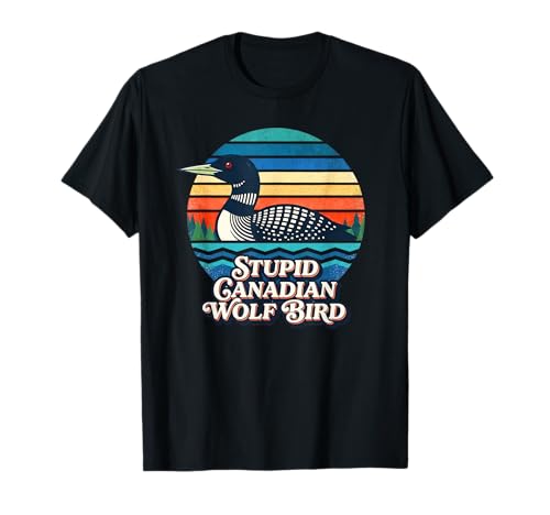 Funny Stupid Canadian Wolf Bird design featuring a classic loon bird floating on calm waters with retro sunset color bands. Perfect for fans of loon animal memes, sarcastic humor, and quirky nature-inspired comedy with vintage outdoor aesthetics.