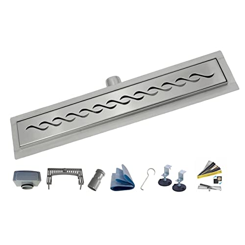 AQUA HEATING Vague Caniveau de Douche Italienne avec Siphon Ultra-Plate en Acier Inoxydable Grille Sol de Douche Linéaire Hauteur d'installation de 52 m Ensemble Complet Argenté 60 cm
