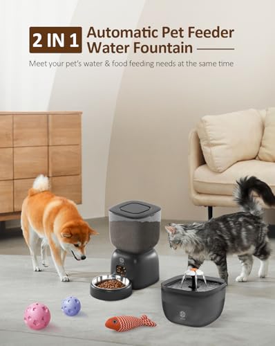 Automatic-Cat-Feeder-and-Dog-Water-Fountain-Set-with-Pet-Food-Bowl-Wired-or-Battery-Operated-Smart-Portion-Control-Timer-Locking-Lid-Voice-Recorder-Black