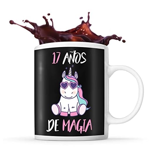 Taza de cumpleaños de 17 años con un divertido unicornio. Idea de regalo original y personalizada