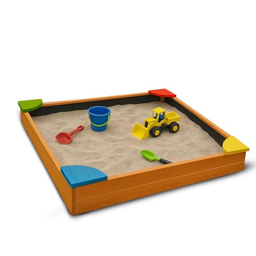 Bestlivings Sandkasten mit Abdeckung 90x90x16 cm, Holz Sandbox inkl. Bodenplane gegen Unkraut und Käfer, Buddelkasten mit bunten Ecken für den Garten