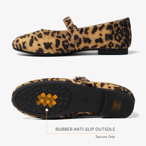 Womens Mary Jane Flats, Comfortable Women’s Flats, Round Toe Ballet Flat with Adjustable Strap for Dressy Office Wear Size 9 Leopard Print4