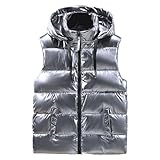 JEsilunmaMY Men's Shiny Winter Hooded Puffer Vest Sleeveless Thicken Warm Cotton Cargo Vest Fashion Padded Down Vest Jacket (Silver,XX-Large)