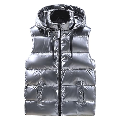 JEsilunmaMY Men's Shiny Winter Hooded Puffer Vest Sleeveless Thicken Warm Cotton Cargo Vest Fashion Padded Down Vest Jacket