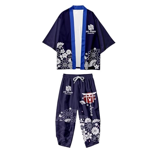 Image of DOSLAVIDA Men's Japanese Kimono Cardigan Suit Chinese Style Printed Jacket Pants Set Open Front Seven Sleeve Top & Shorts