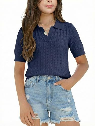 Image of Girls Short Sleeve Polo Shirt Summer Knit School Uniform Blouse V Neck Cable Pullover Sweater Tops 5-14 Years