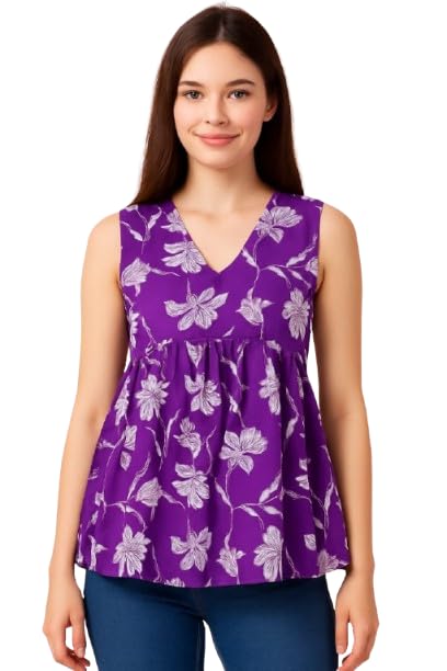 Women's Sleeveless V-Neck Floral Print Top, red with White Flowers, Casual Summer Blouse-picture-43