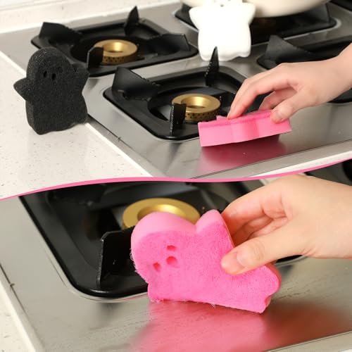 Image of Tioncy 12 Pack Ghost Sponges Bulk Dual Sided Scrubber Ghost Kitchen Sponges Dishwashing Non Scratch for Kitchen Accessories Dish Scouring Black, White, Pink