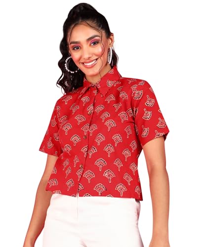 Image of POPWINGS Ethnic Printed Cotton Half Sleeves Regular Fit Crop Shirts for Women Stylish Western Casual Wear
