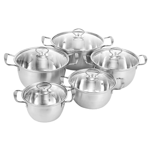 Set of 5 Stainless Steel Non-Sticks Pans Pots Cookware, 16cm, 18cm, 20cm, 22cm, 24cm, with Lids
