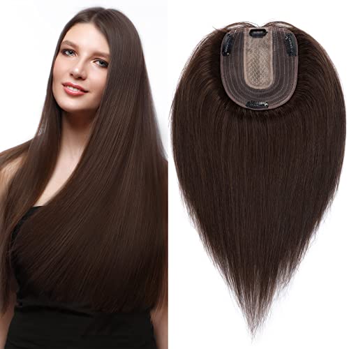 S-noilite Human Hair Toppers for Thinning Hair Women Real Hair Topper Hair Piece Clip in Toupee 100% Remy Real Human Hair 31g(#2 Dark Brown