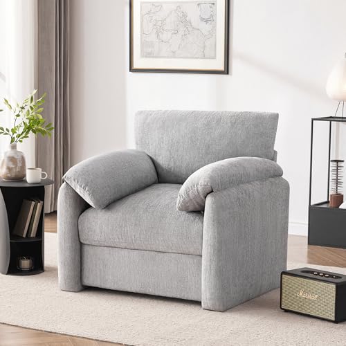 Image of Howjoe Chenille Oversized Armchair, 38.6 inch Wide Accent Chairs for Living Room & Bedroom Modern Lounge Chair, Upholstered Mid-Century Reading Chair, Comfy Living Room Chair, Single Sofa Chair, LightGrey