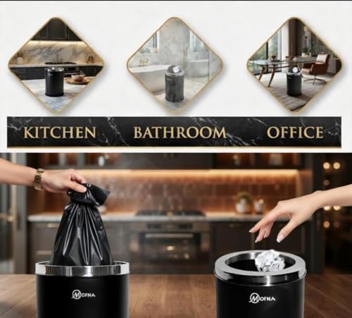 Image of mofna Stainless Steel Open Top Dustbin for Home - 18 L | Black Modern Trash Can with Anti-skid Base | Rustproof Garbage Bin | for Kitchen, Bathroom, Office & Commercial Use | 10 x 14 Inch